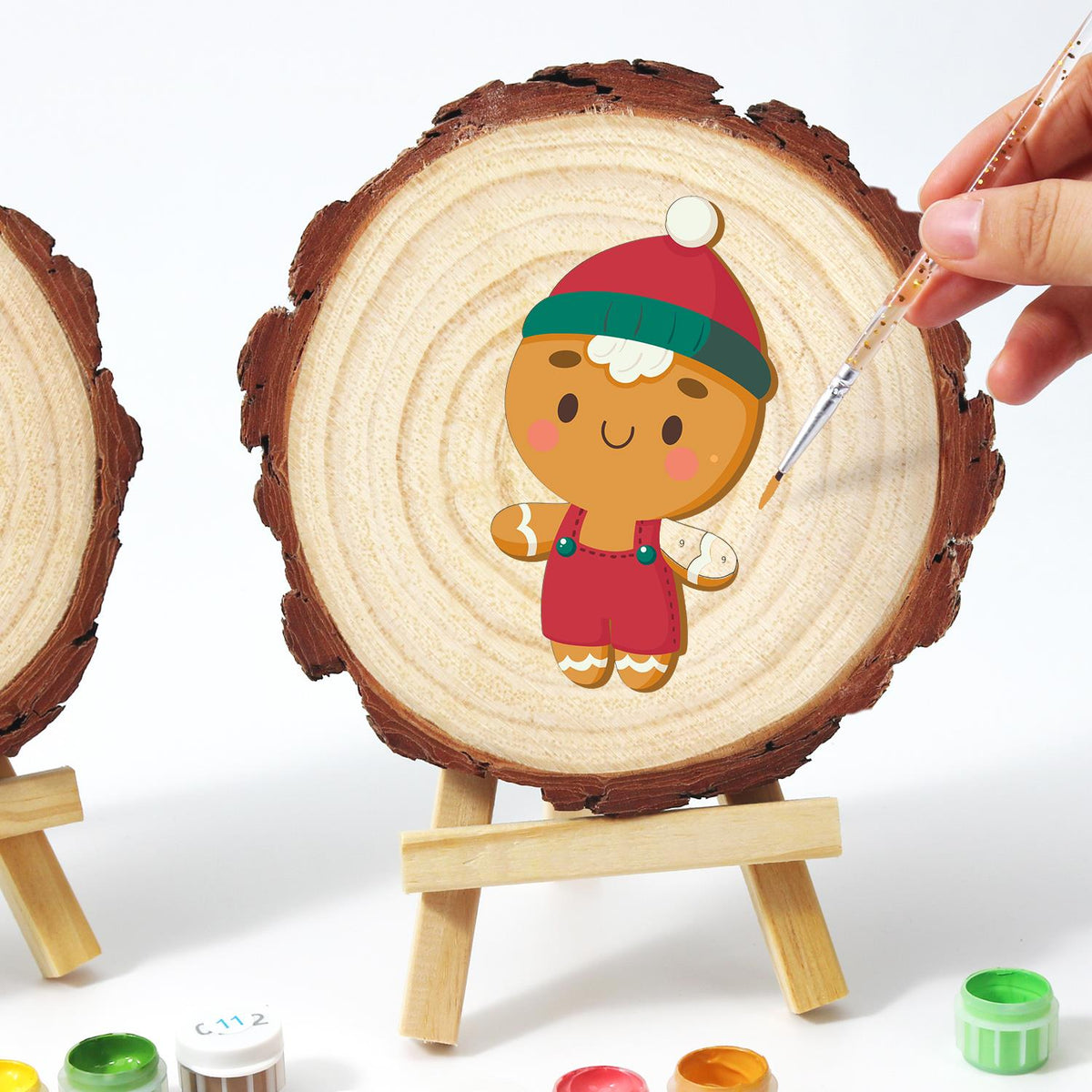 Gingerbread Boy in Red Overalls paint by numbers wood slice – image 13