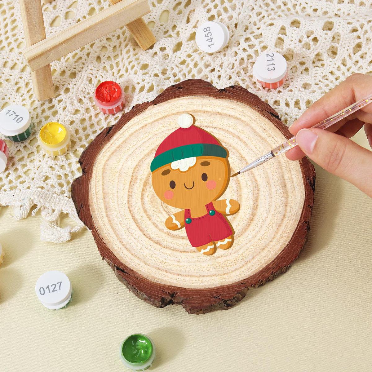 Gingerbread Boy in Red Overalls paint by numbers wood slice – image 15