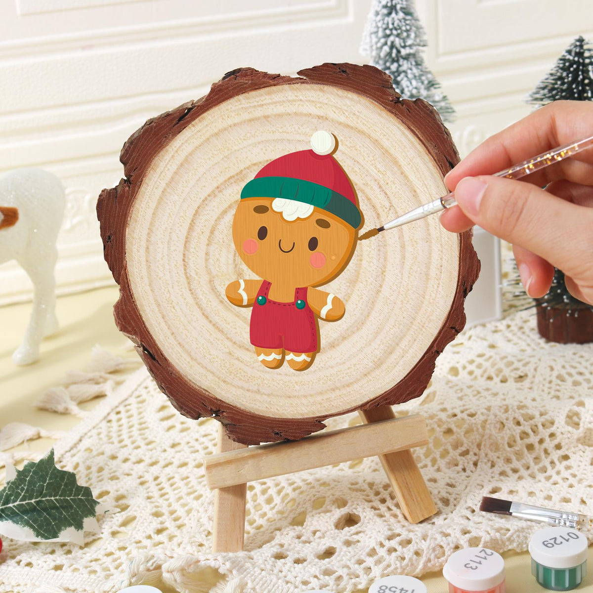 Gingerbread Boy in Red Overalls paint by numbers wood slice – image 16