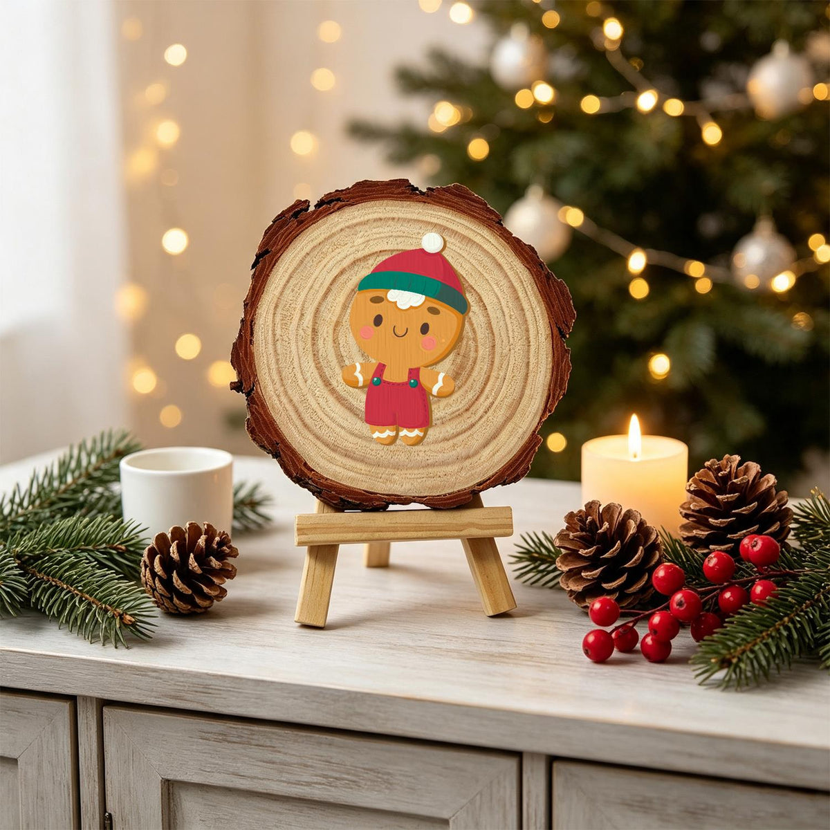 Gingerbread Boy in Red Overalls paint by numbers wood slice – image 19