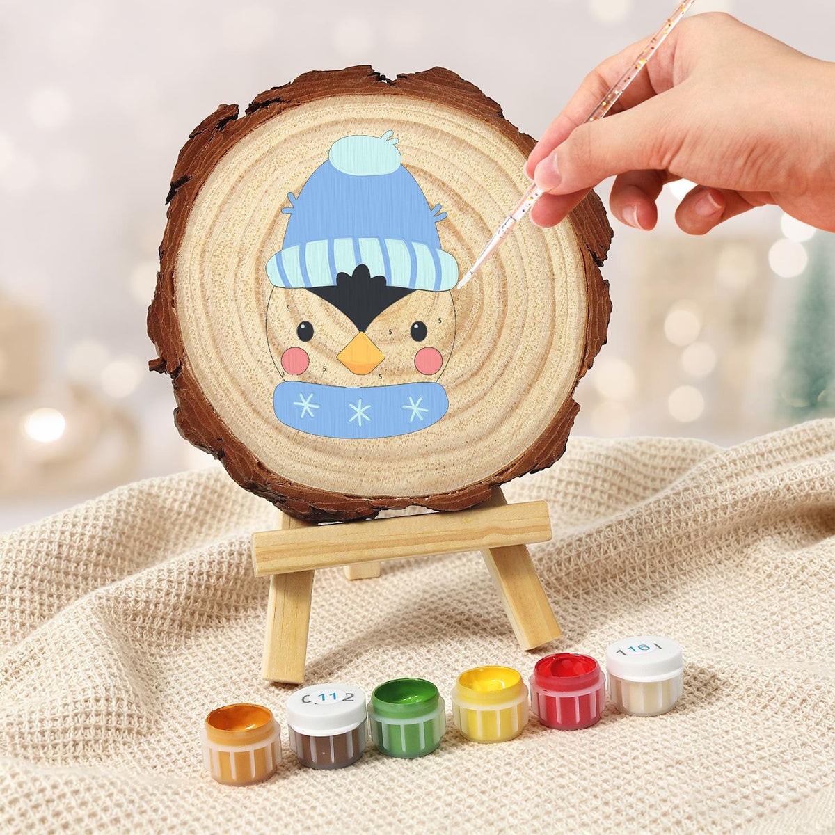 Penguin in a Snowflake Scarf paint by numbers wood slice – image 5