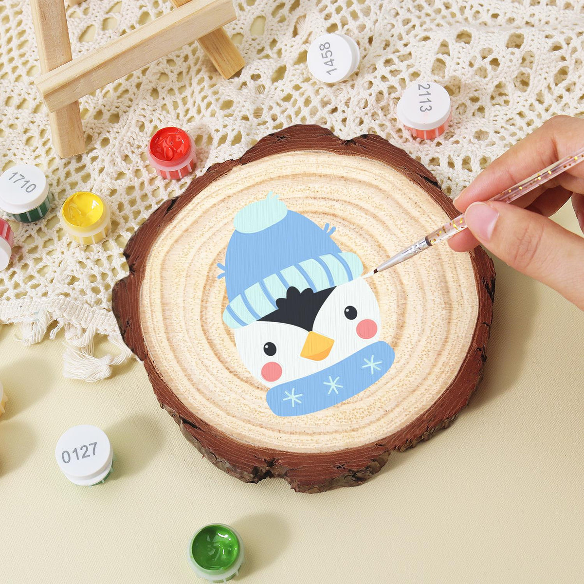 Penguin in a Snowflake Scarf paint by numbers wood slice – image 15