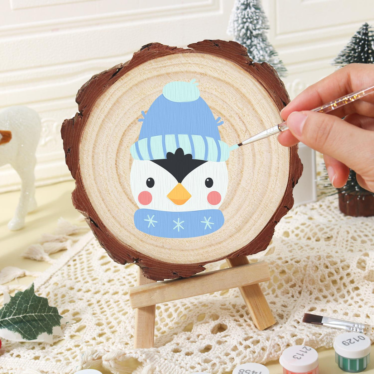 Penguin in a Snowflake Scarf paint by numbers wood slice – image 16