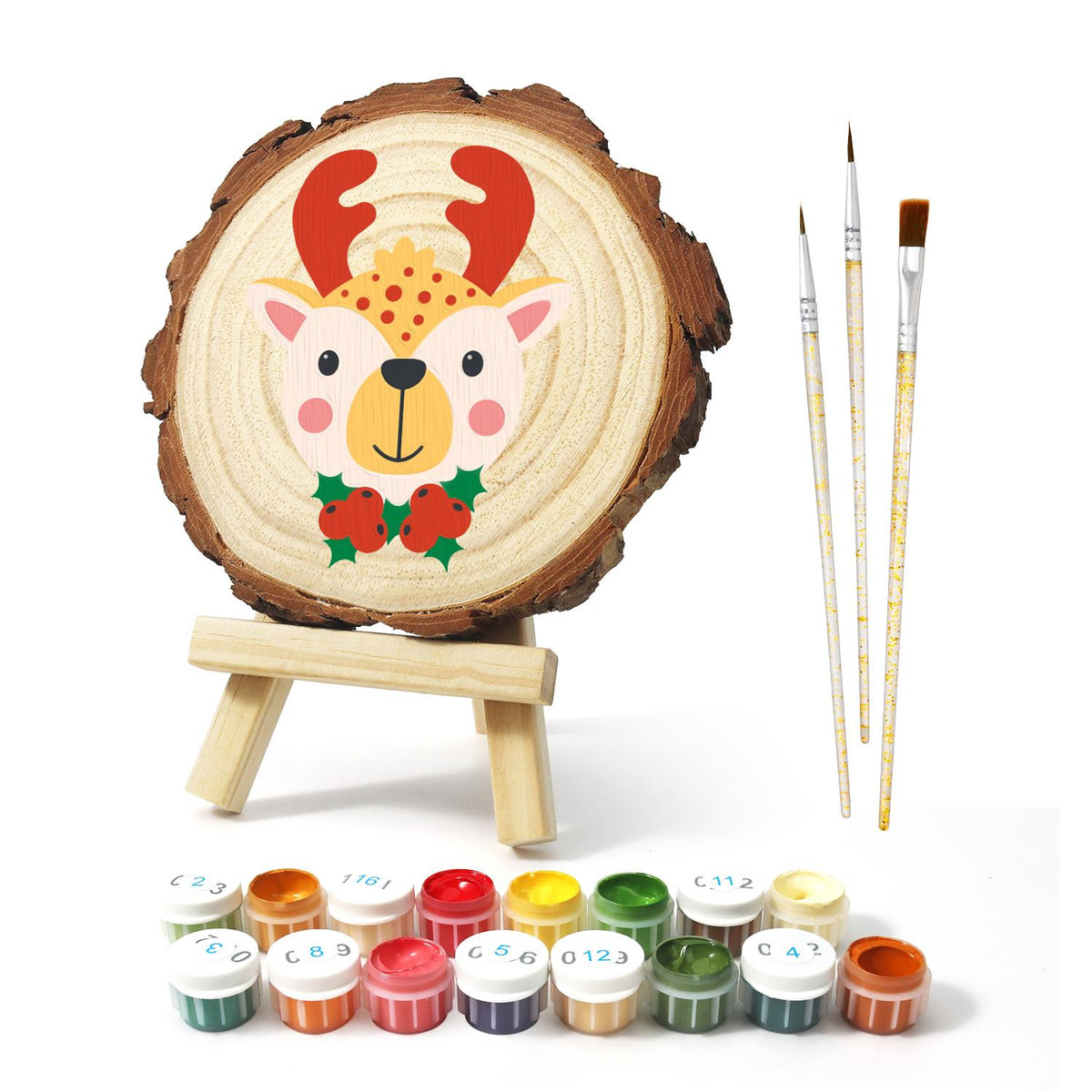 Red-Antlered Reindeer with Holly paint by numbers wood slice – image 2