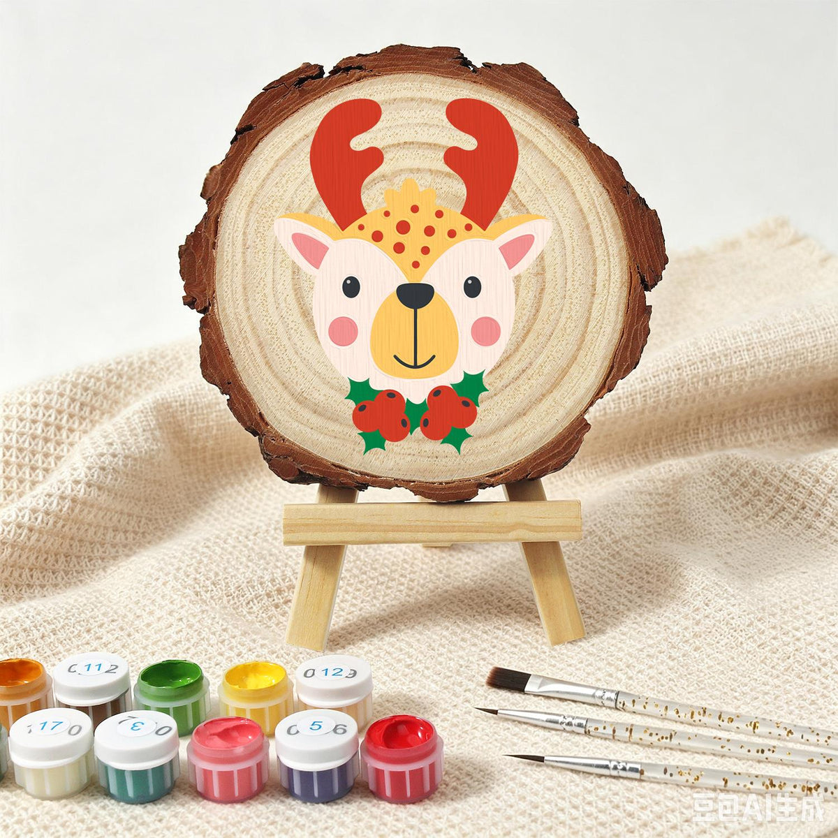 Red-Antlered Reindeer with Holly paint by numbers wood slice – image 4