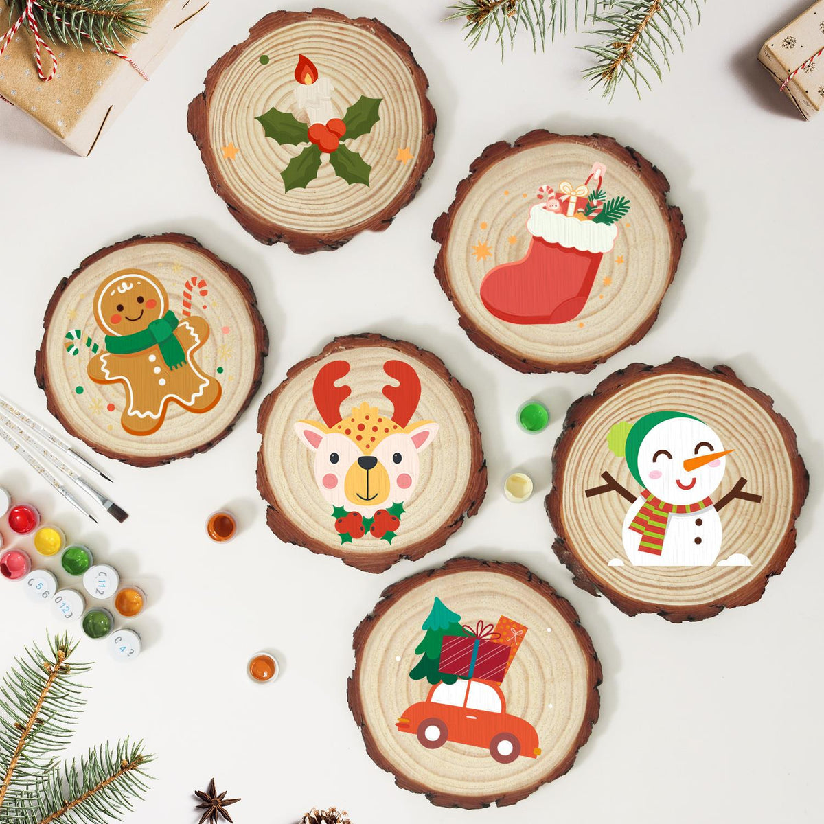 Red-Antlered Reindeer with Holly paint by numbers wood slice – image 10