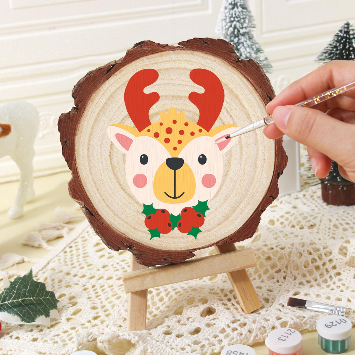 Red-Antlered Reindeer with Holly paint by numbers wood slice – image 16
