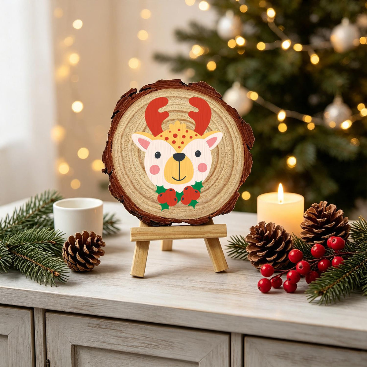 Red-Antlered Reindeer with Holly paint by numbers wood slice – image 19