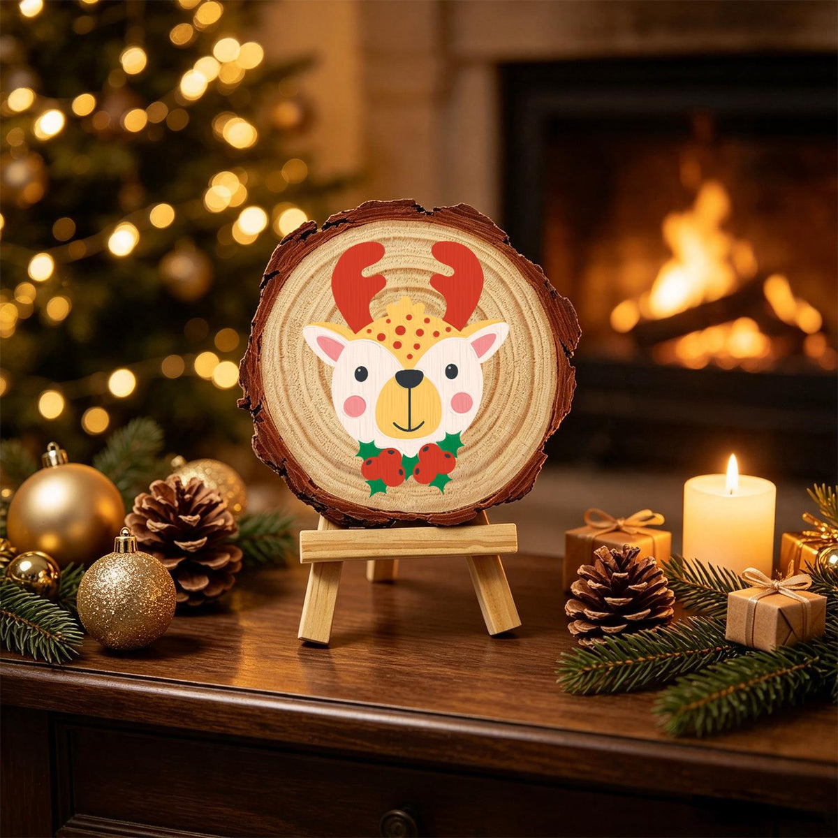 Red-Antlered Reindeer with Holly paint by numbers wood slice – image 20