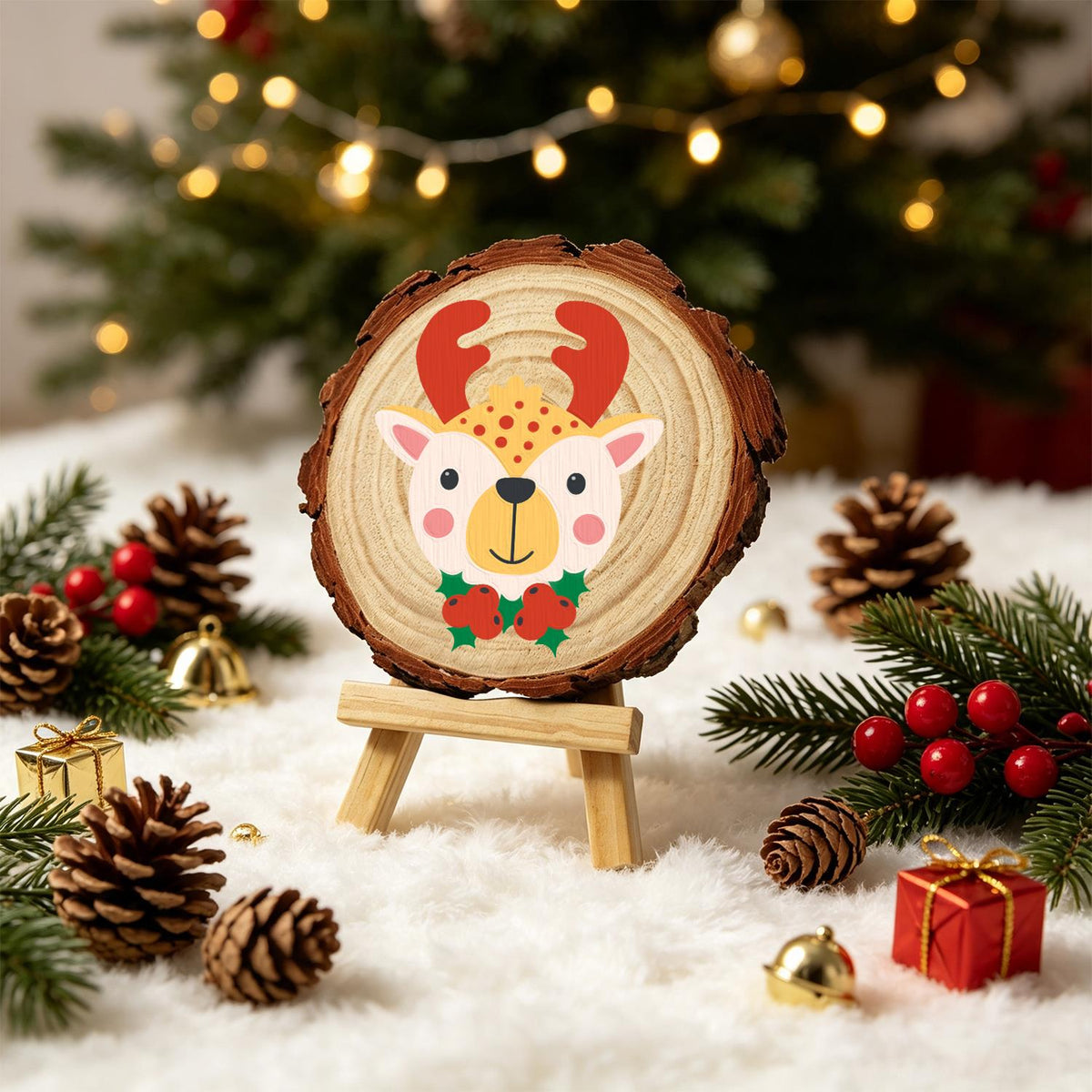 Red-Antlered Reindeer with Holly paint by numbers wood slice – image 21