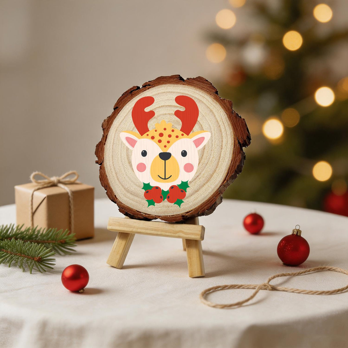 Red-Antlered Reindeer with Holly paint by numbers wood slice – image 24