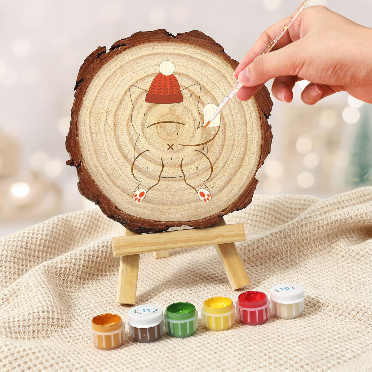 Ginger Cat in a Bobble Hat paint by numbers wood slice – image 5