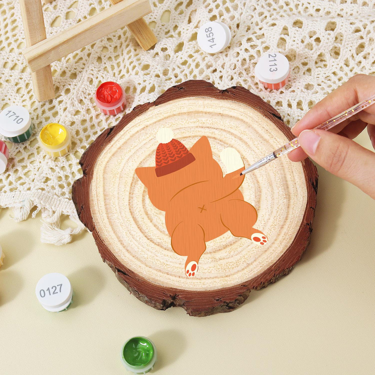 Ginger Cat in a Bobble Hat paint by numbers wood slice – image 15