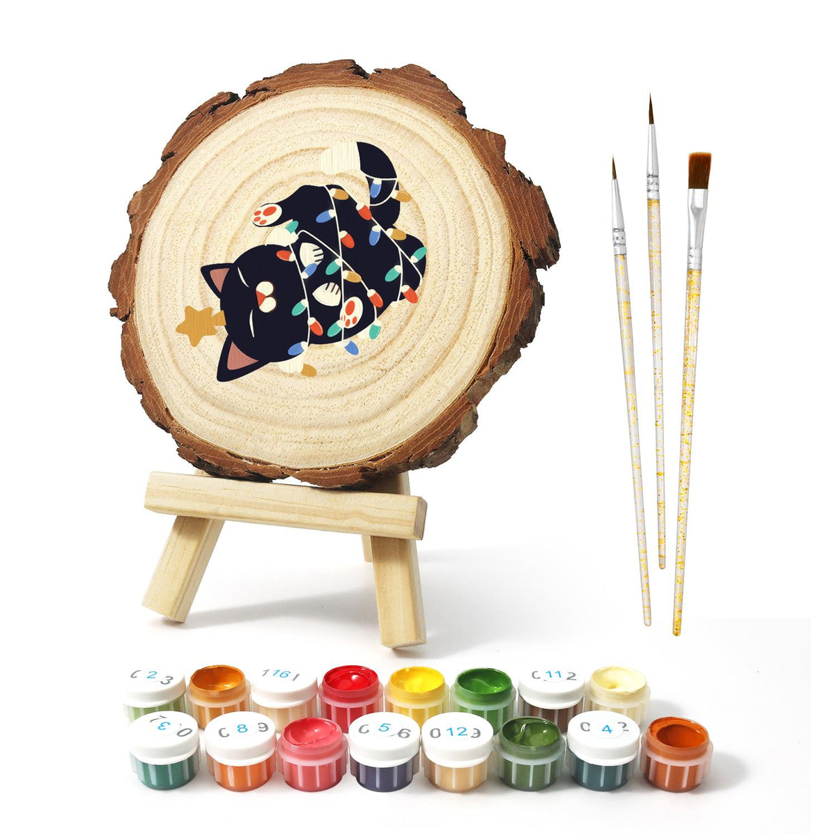 Black Cat Tangled in Lights paint by numbers wood slice – image 2
