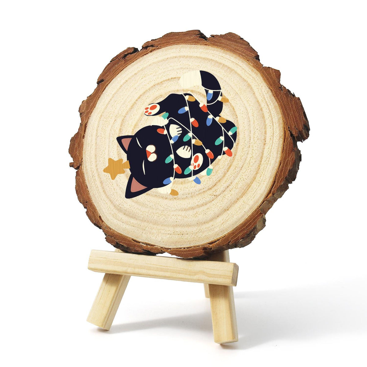 Black Cat Tangled in Lights paint by numbers wood slice – image 3