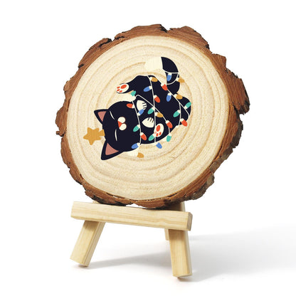 Black Cat Tangled in Lights paint by numbers wood slice – image 3