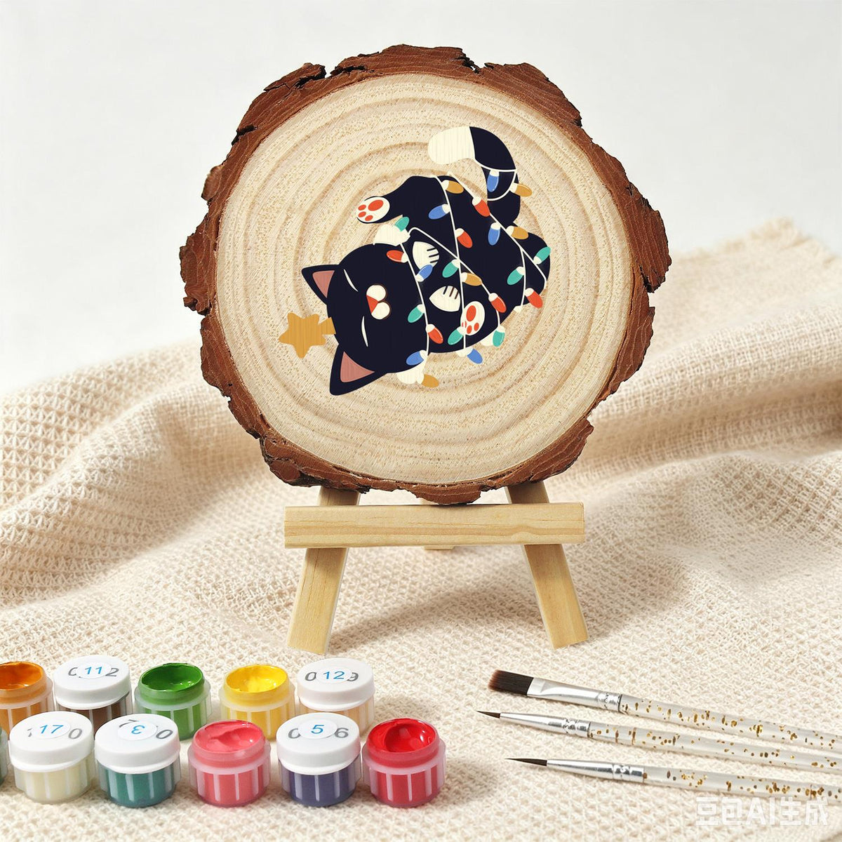 Black Cat Tangled in Lights paint by numbers wood slice – image 4