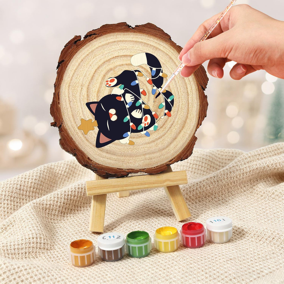 Black Cat Tangled in Lights paint by numbers wood slice – image 5