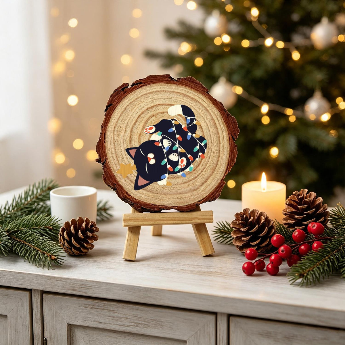 Black Cat Tangled in Lights paint by numbers wood slice – image 19