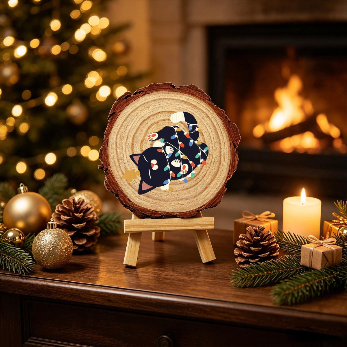 Black Cat Tangled in Lights paint by numbers wood slice – image 20