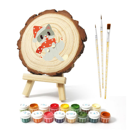 Polka-Dot Santa Hat Cat paint by numbers wood slice – image 2