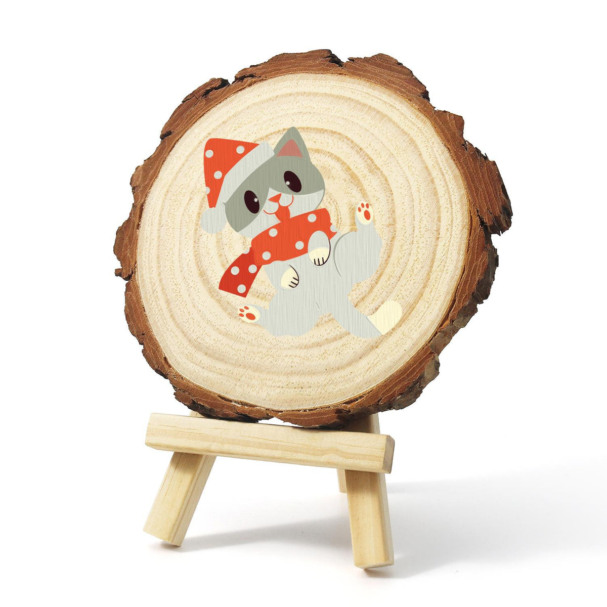Polka-Dot Santa Hat Cat paint by numbers wood slice – image 3