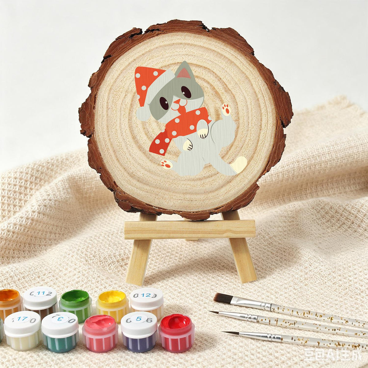 Polka-Dot Santa Hat Cat paint by numbers wood slice – image 4
