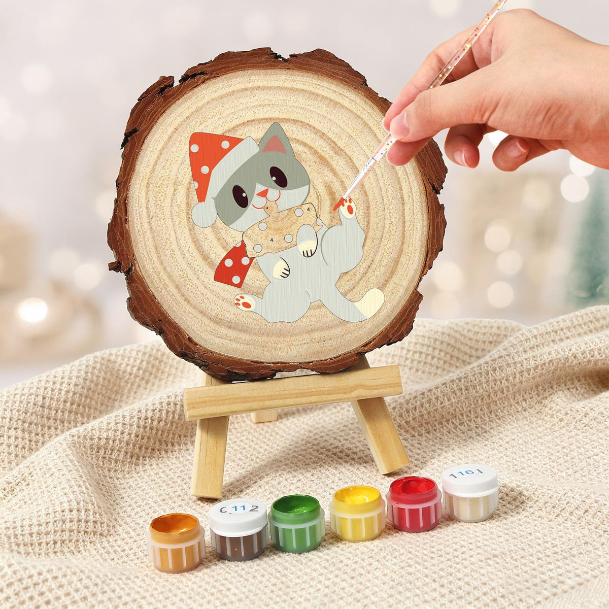 Polka-Dot Santa Hat Cat paint by numbers wood slice – image 5
