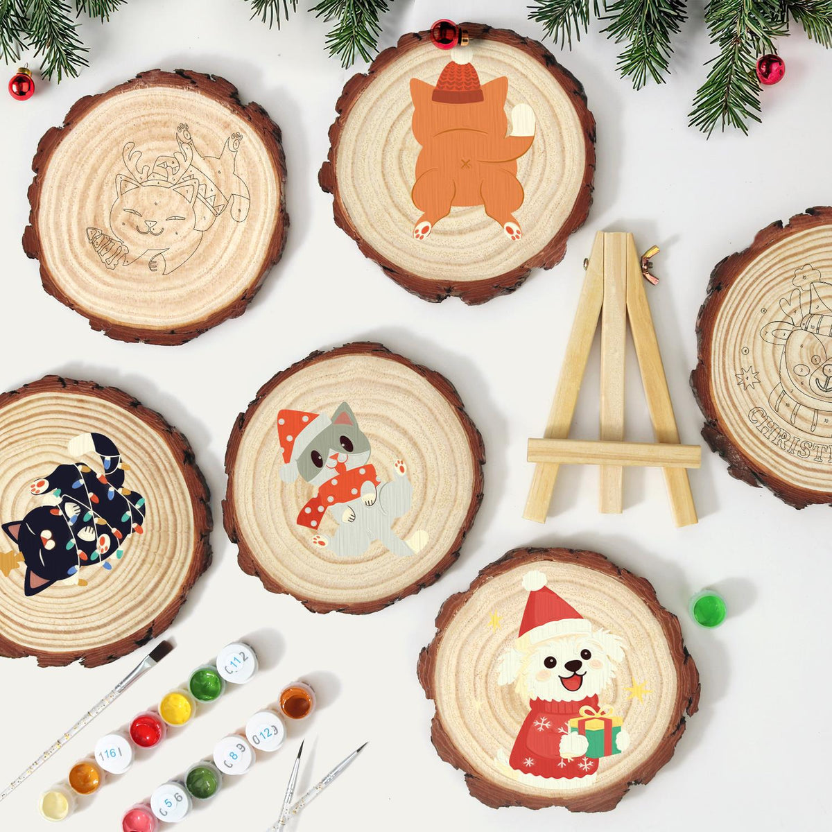 Polka-Dot Santa Hat Cat paint by numbers wood slice – image 11
