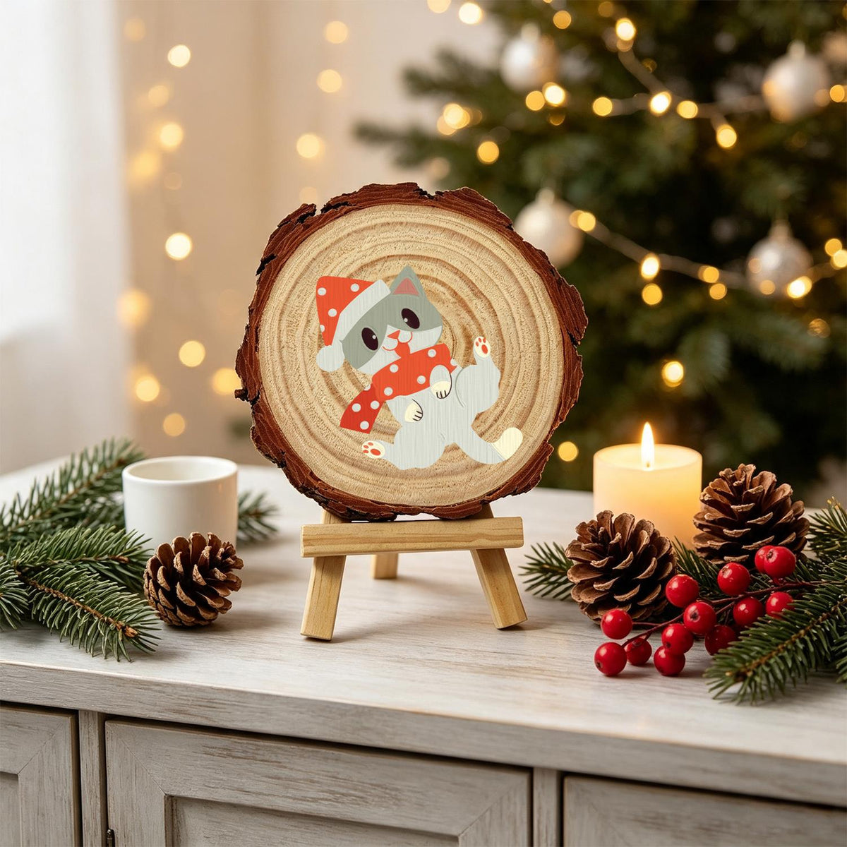 Polka-Dot Santa Hat Cat paint by numbers wood slice – image 19