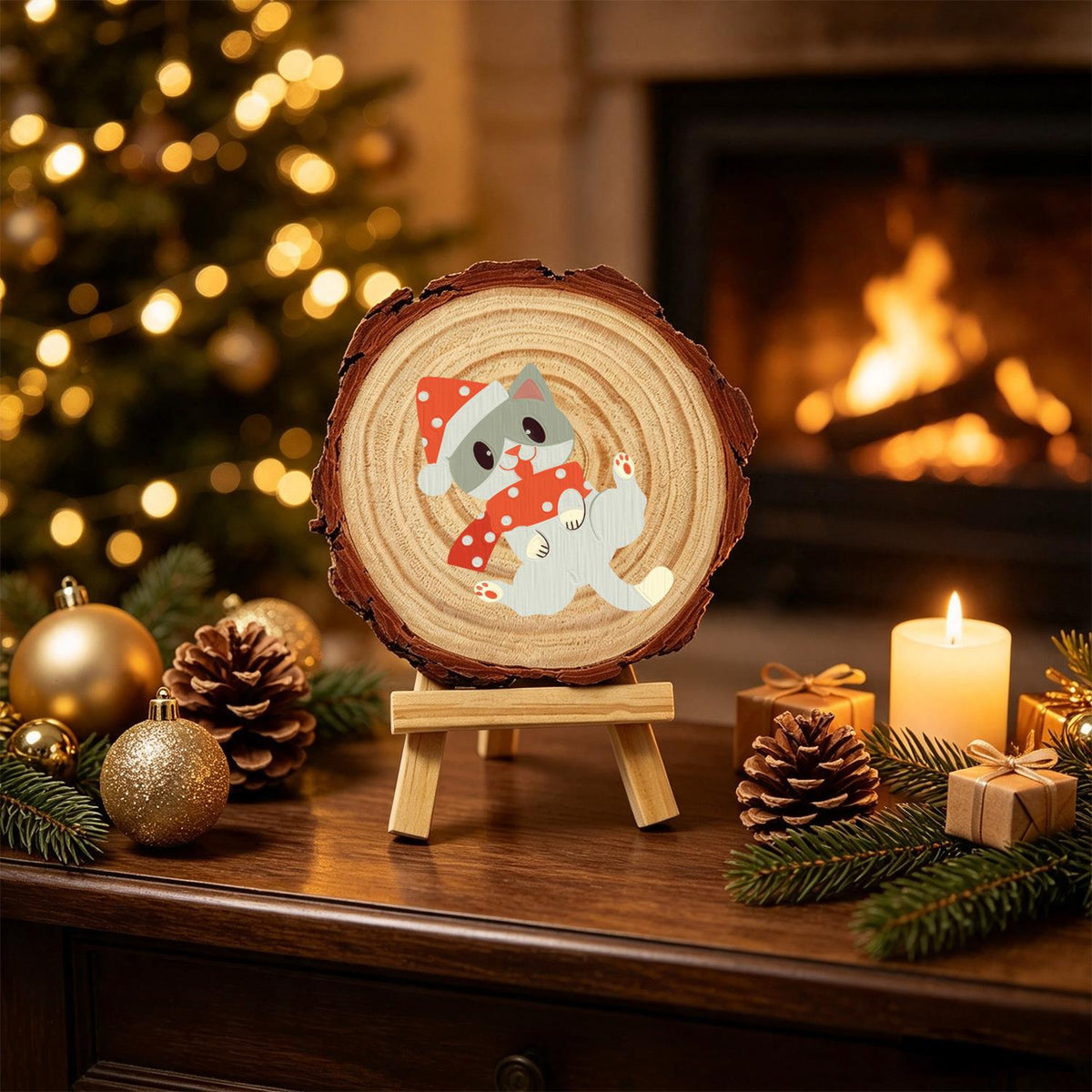 Polka-Dot Santa Hat Cat paint by numbers wood slice – image 20