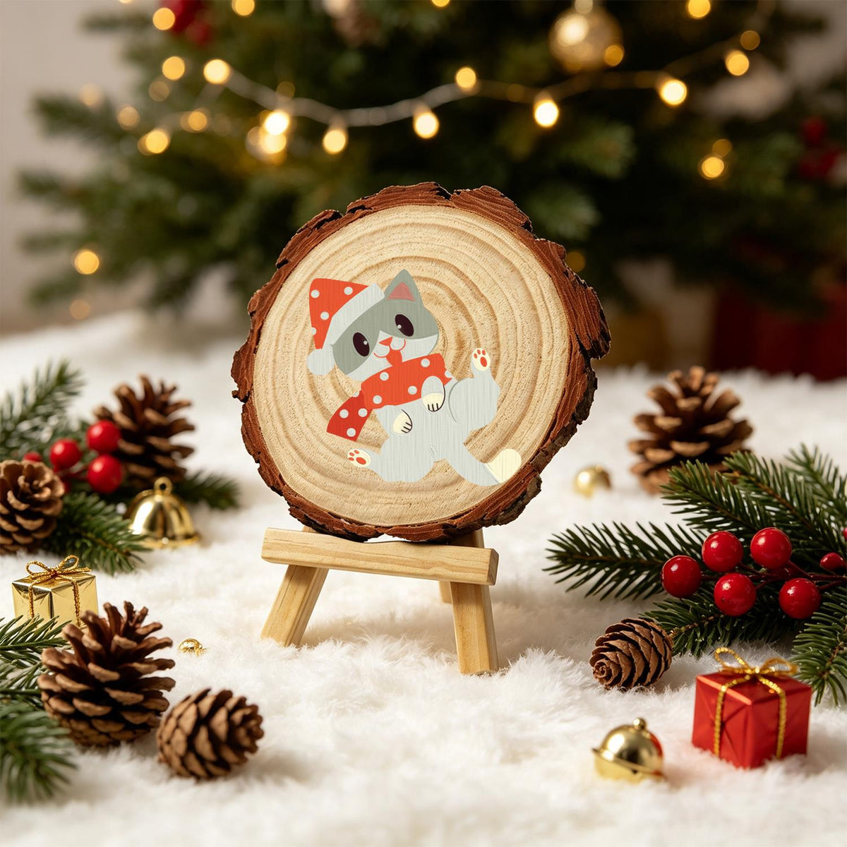 Polka-Dot Santa Hat Cat paint by numbers wood slice – image 21