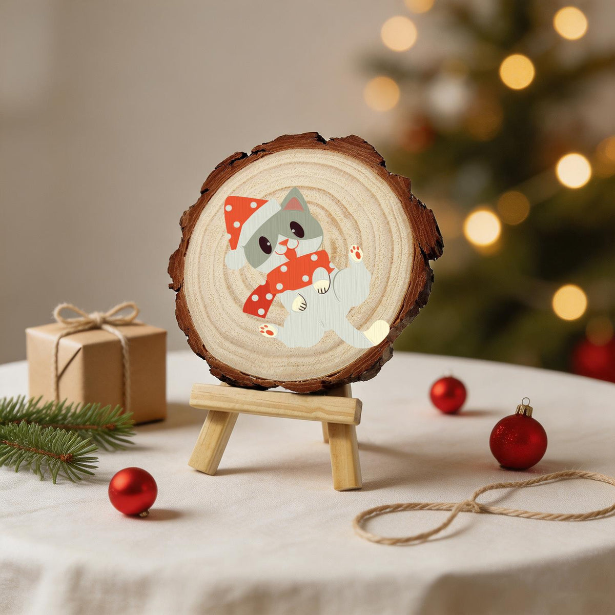 Polka-Dot Santa Hat Cat paint by numbers wood slice – image 24