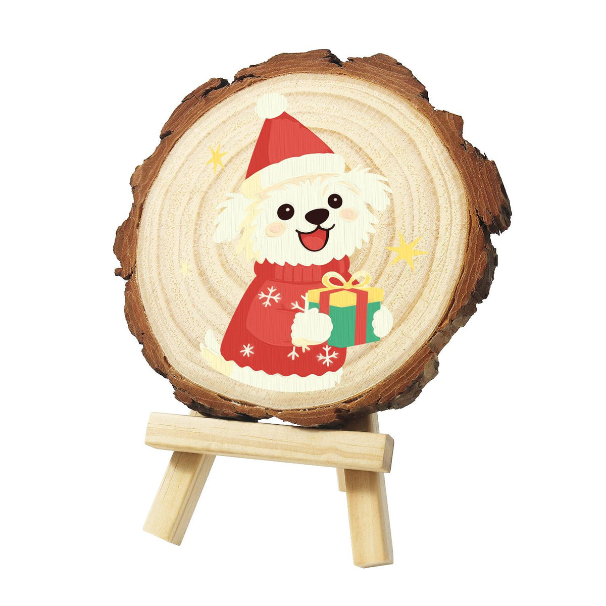 Puppy in a Snowflake Sweater paint by numbers wood slice – Fluffy white puppy in a Santa hat and red snowflake sweater holding a gift, with gold sparkles, painted on a pine slice on a small easel