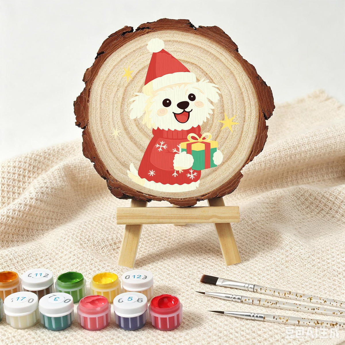 Puppy in a Snowflake Sweater paint by numbers wood slice – image 4