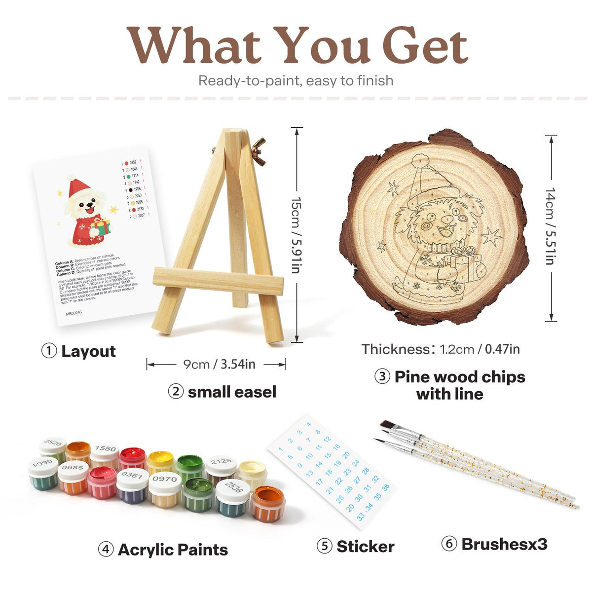 Puppy in a Snowflake Sweater paint by numbers wood slice – what's in the kit: the pine slice, easel, numbered paints, brushes and layout sheet