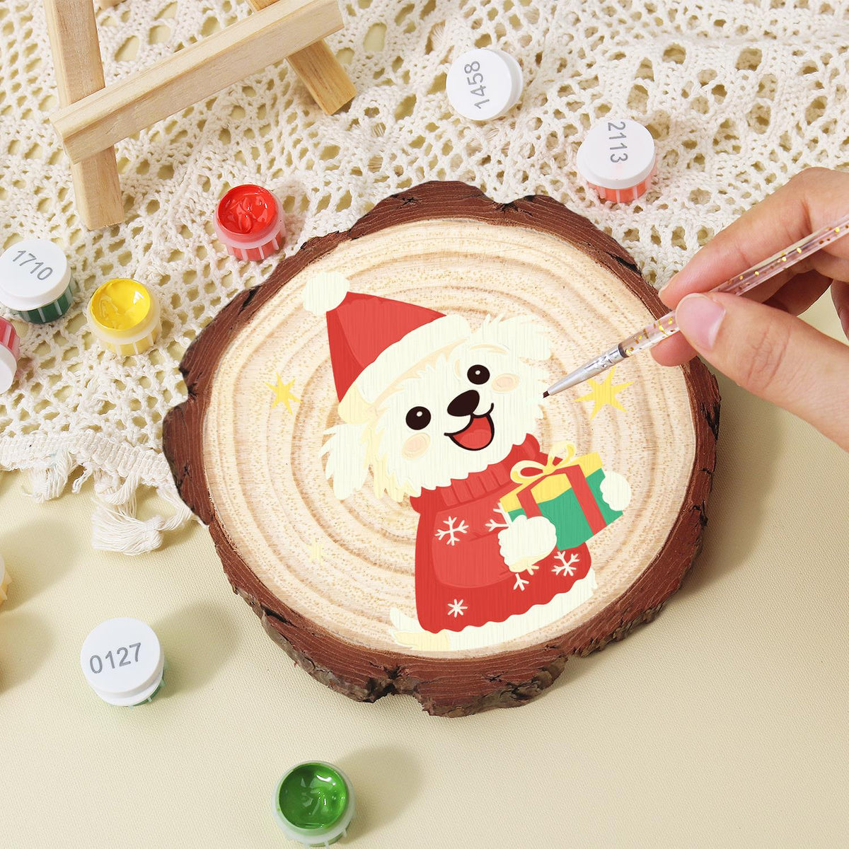 Puppy in a Snowflake Sweater paint by numbers wood slice – image 15