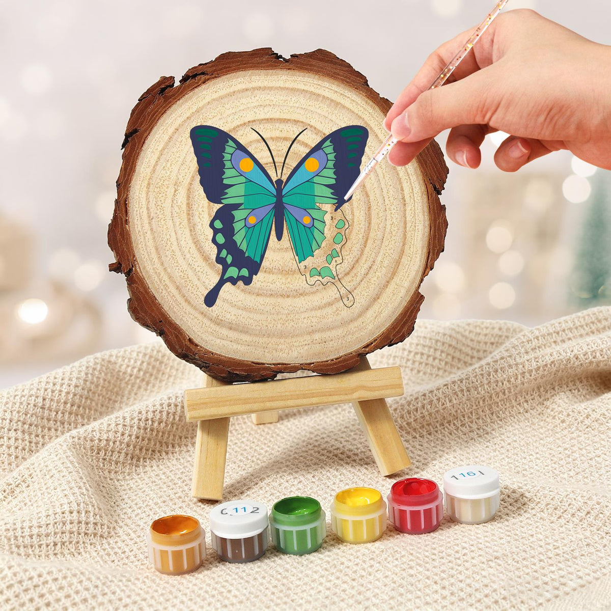 Emerald Swallowtail Butterfly paint by numbers wood slice – image 5