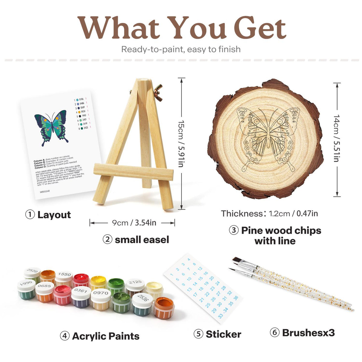 Emerald Swallowtail Butterfly paint by numbers wood slice – what's in the kit: the pine slice, easel, numbered paints, brushes and layout sheet