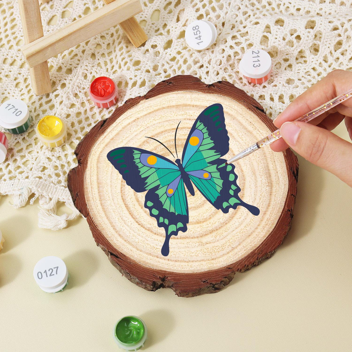 Emerald Swallowtail Butterfly paint by numbers wood slice – image 15