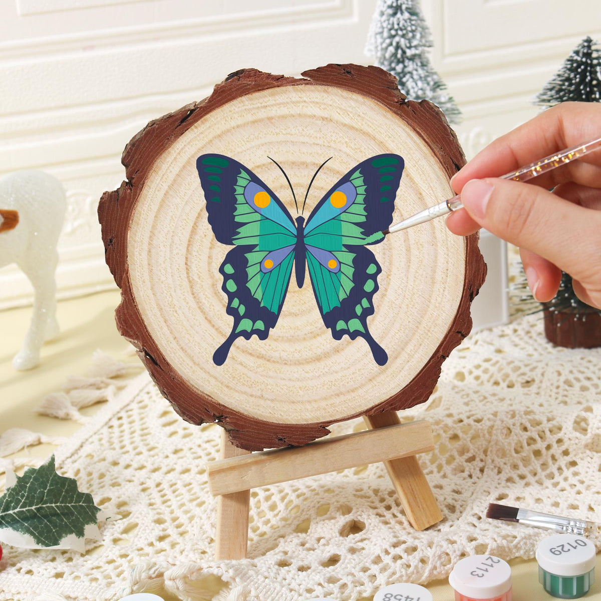 Emerald Swallowtail Butterfly paint by numbers wood slice – image 16