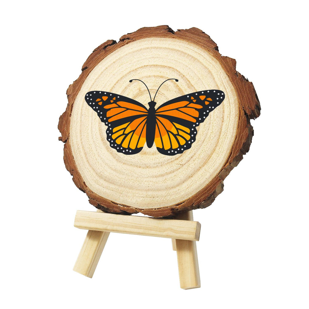 Bright Orange Monarch paint by numbers wood slice – Orange monarch butterfly with black veins and white-dotted black wing borders, wings spread, painted on a pine slice on a small easel