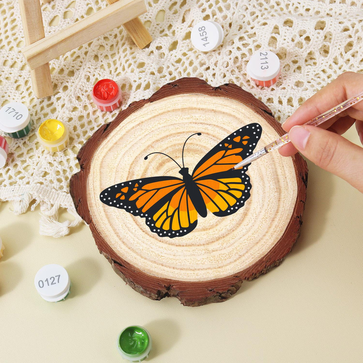 Bright Orange Monarch paint by numbers wood slice – image 15