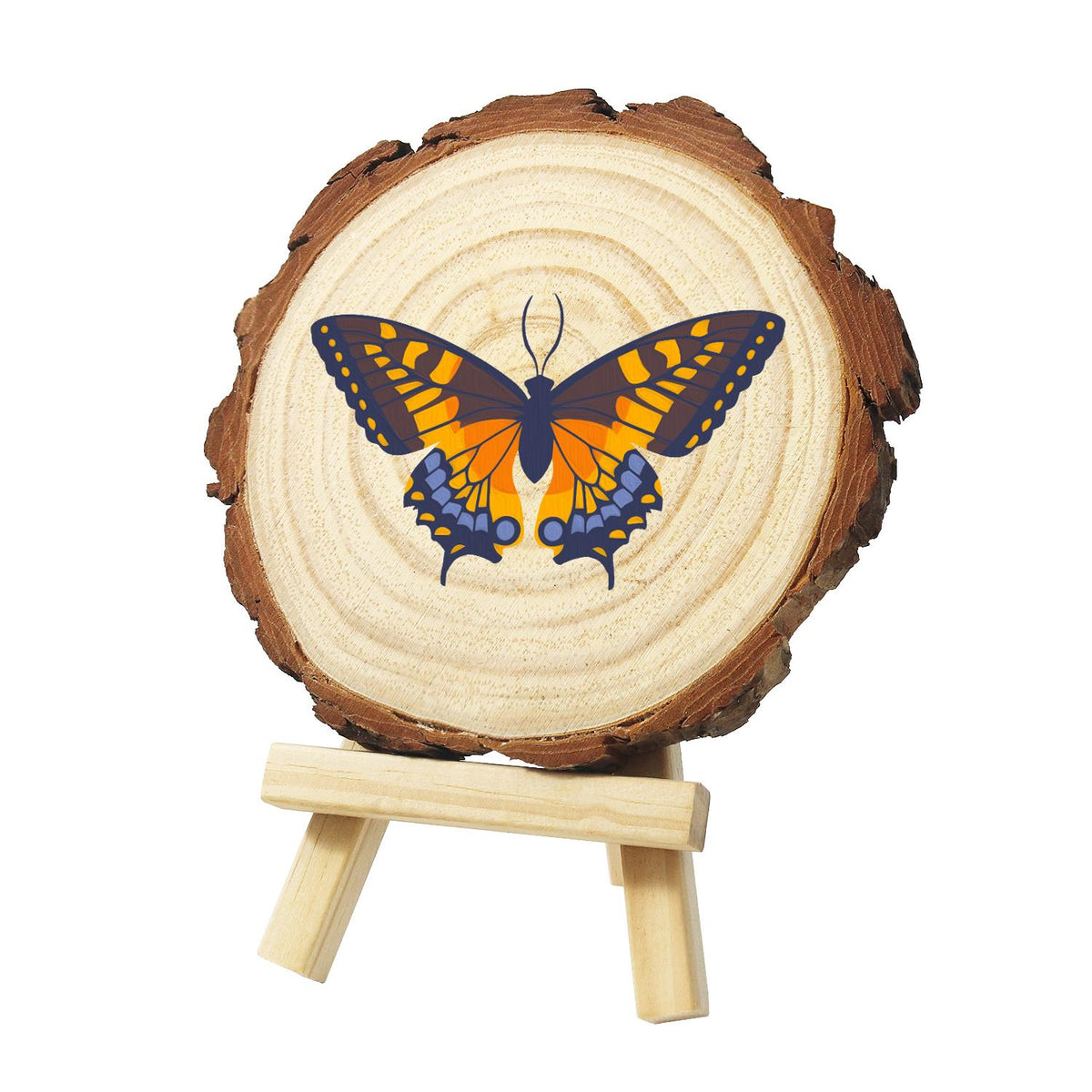 Navy and Orange Swallowtail paint by numbers wood slice – Swallowtail butterfly with dark navy wings, bright orange bands and violet-blue spotted tails, painted on a pine slice on a small easel