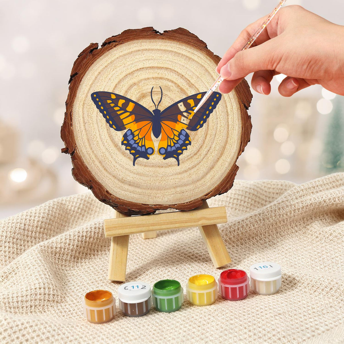 Navy and Orange Swallowtail paint by numbers wood slice – image 5