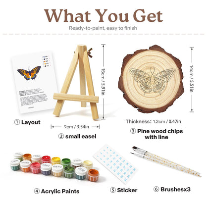 Navy and Orange Swallowtail paint by numbers wood slice – what's in the kit: the pine slice, easel, numbered paints, brushes and layout sheet