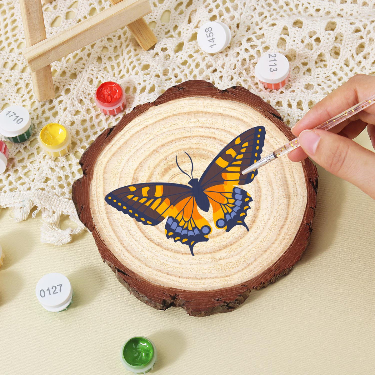Navy and Orange Swallowtail paint by numbers wood slice – image 15