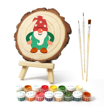 Starry-Hat Gnome in Green Plaid paint by numbers wood slice – image 2