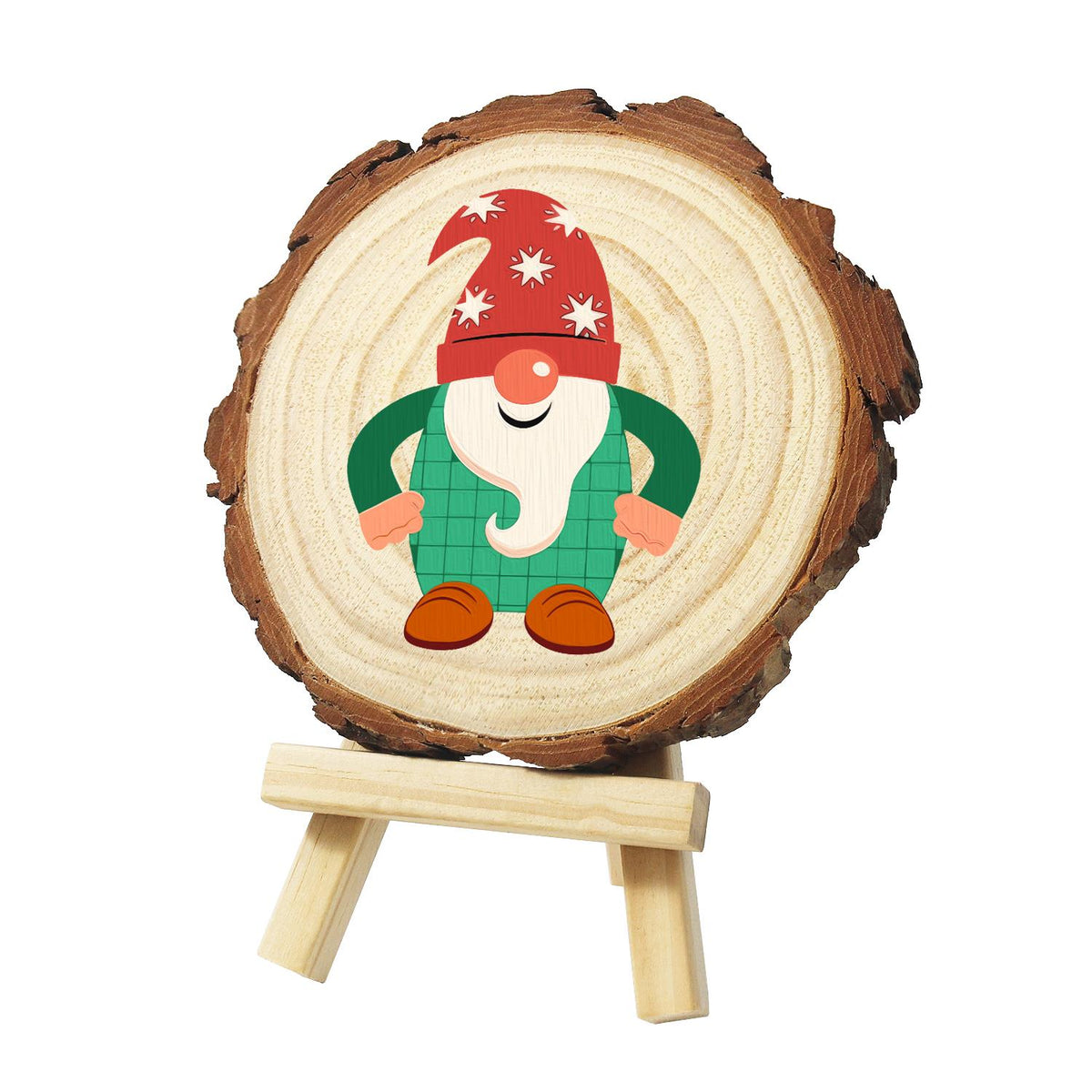 Starry-Hat Gnome in Green Plaid paint by numbers wood slice – Gnome with a red star-print hat, curly white beard and green plaid outfit, hands on hips, painted on a pine slice on a small easel