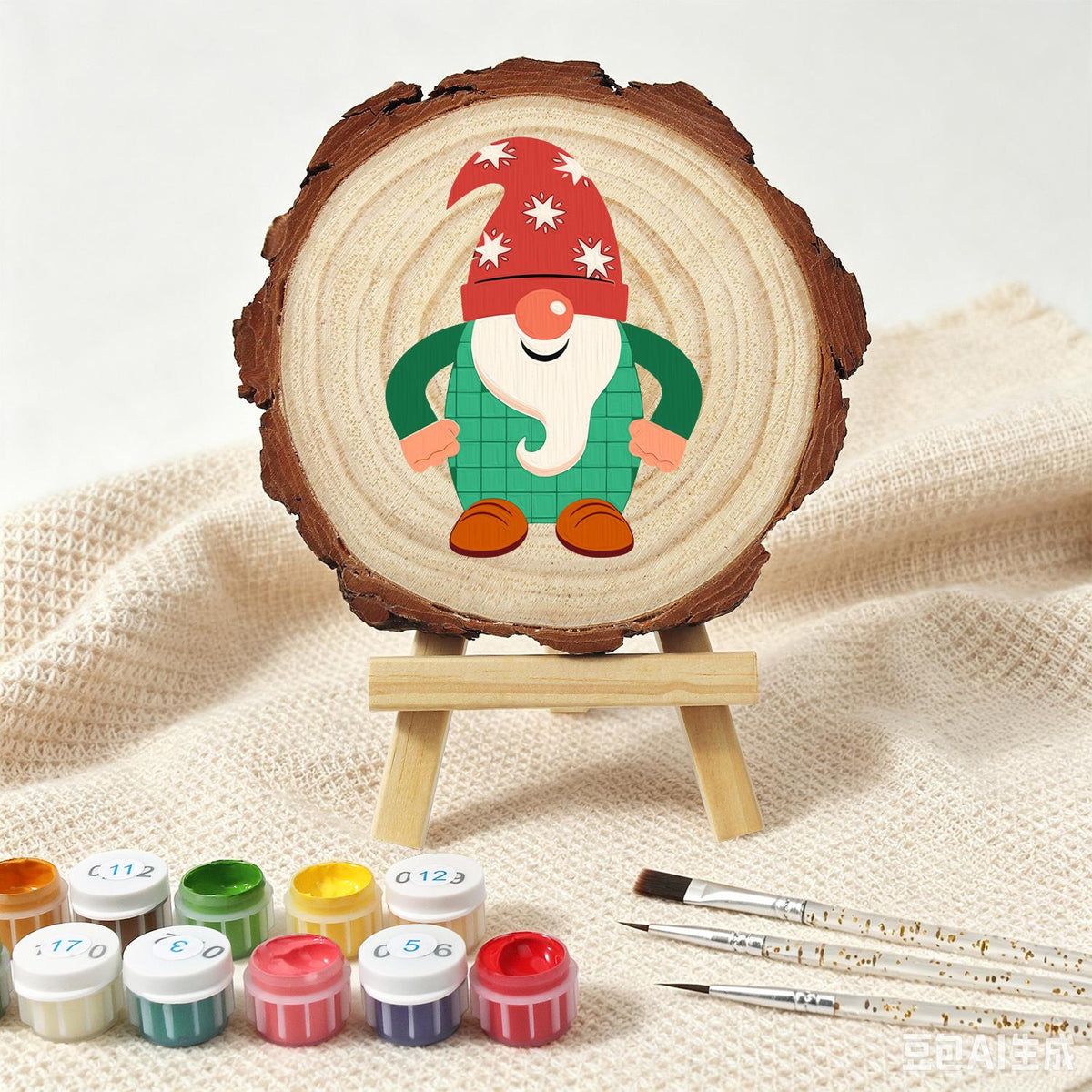 Starry-Hat Gnome in Green Plaid paint by numbers wood slice – image 4